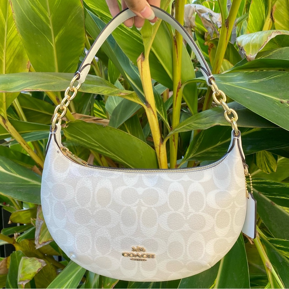 Coach Leather Purse Payton Hobo Glacier White Signature Canvas Shoulder Bag